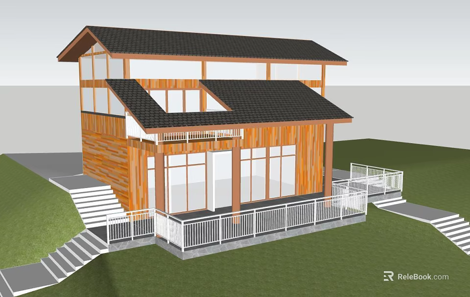Two Story Wooden House With Black Roof Large Glass Windows White Railings And Lawn 3d model 
