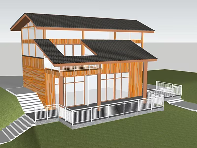 Two Story Wooden House With Black Roof Large Glass Windows White Railings And Lawn 3d model