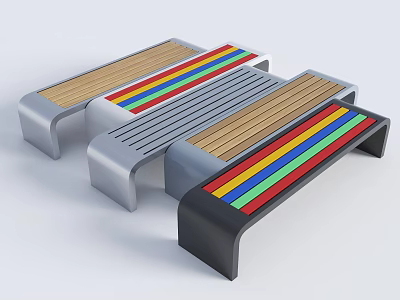 Colorful Striped Landscape Seats with Wooden Panels and Metal Frames Design 3d model