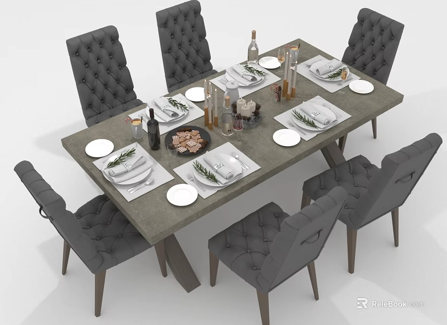 Modern Dining Table And Tufted Chairs With Elegant Table Setting Cutlery Wine Glasses And Food 3d model 