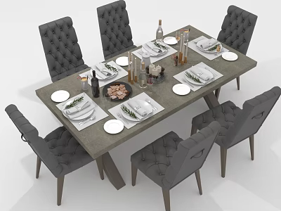 Modern Dining Table And Tufted Chairs With Elegant Table Setting Cutlery Wine Glasses And Food 3d model