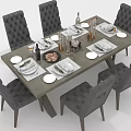 Modern Dining Table And Tufted Chairs With Elegant Table Setting Cutlery Wine Glasses And Food