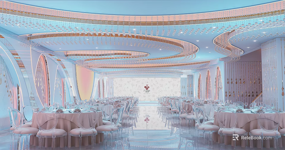 Luxurious Banquet Hall Interior Design With Crystal Chandeliers And Elegant Table Setup 3d model 