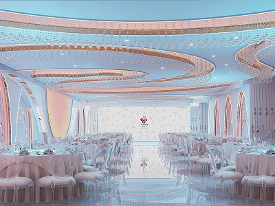 Luxurious Banquet Hall Interior Design With Crystal Chandeliers And Elegant Table Setup 3d model