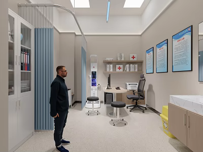 Modern Medical Examination Room With Medical Equipment Cabinets And Wall Charts 3d model