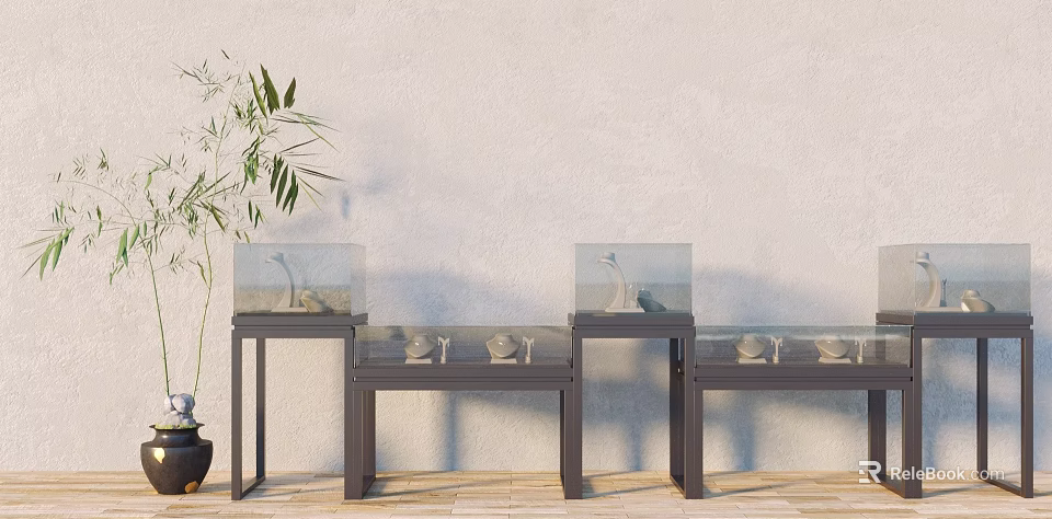 Modern Display Cabinets With Decorative Exhibits And Bamboo Plant Against White Wall On Wooden Floor 3d model 