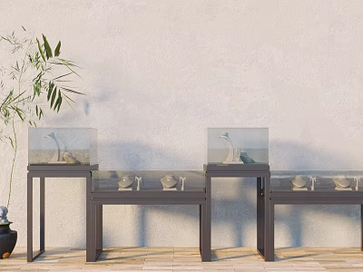 Modern Display Cabinets With Decorative Exhibits And Bamboo Plant Against White Wall On Wooden Floor 3d model