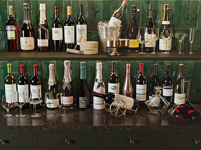 Elegant Wine Bottles And Glasses Collection On Countertop With Green Tiled Wall And Drawers 3d model