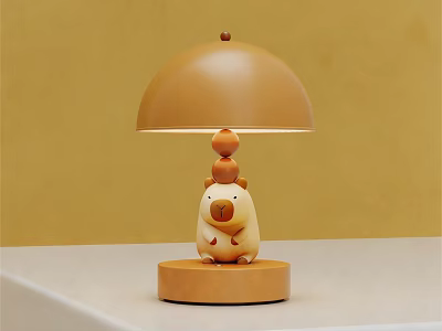 Cute Animal Shaped Table Lamp With Warm Yellow Shade And Round Wooden Base 3d model