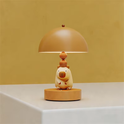 Cute Animal Shaped Table Lamp With Warm Yellow Shade And Round Wooden Base 3d model
