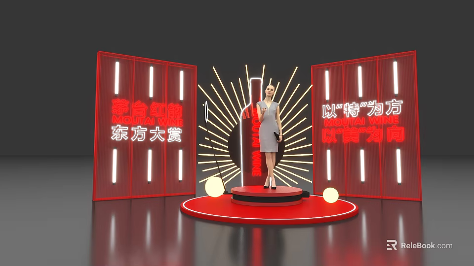 Vibrant Red Photo Check In Spot With Illuminated Signs Circular Stage And Radiant Light Effects 3d model 