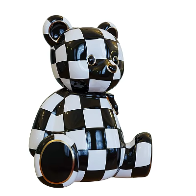 Black And White Checkered Toy Bear With Shiny Surface And Golden Foot Decorative Details 3d model