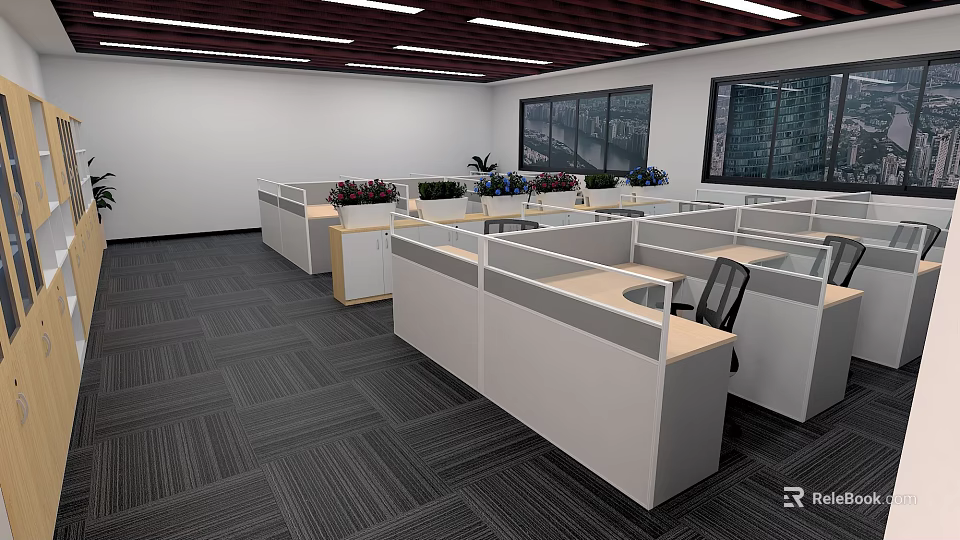 Modern Public Office Space With Cubicle Workstations Office Chairs Large Windows And Potted Plants 3d model 