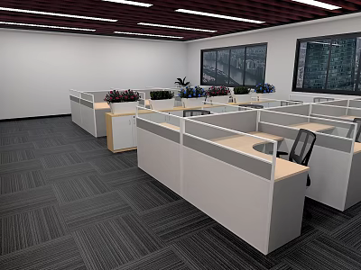 Modern Public Office Space With Cubicle Workstations Office Chairs Large Windows And Potted Plants 3d model