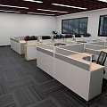 Modern Public Office Space With Cubicle Workstations Office Chairs Large Windows And Potted Plants