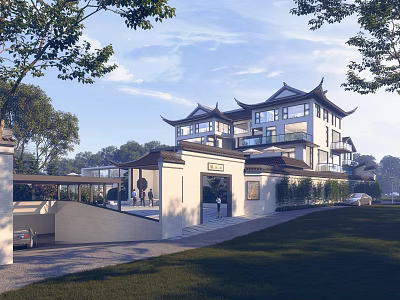 Traditional Chinese Single Family Villa Featuring Pagoda Roof Courtyard And Lush Greenery 3d model