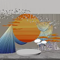 Floral Installation With Hanging White Paper Cranes Orange Gradient Circle Blue White Fan Shaped Decor