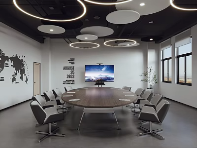 Modern Conference Room With Round Table Gray Chairs World Map Wall And Large Screen TV 3d model