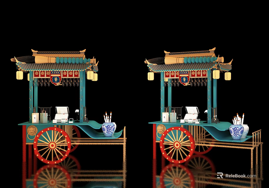 Traditional Chinese Vendor Carts With Green Body Red Wheels Roof Decorations And Lanterns 3d model 