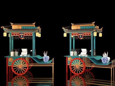 Traditional Chinese Vendor Carts With Green Body Red Wheels Roof Decorations And Lanterns 3d model