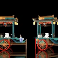 Traditional Chinese Vendor Carts With Green Body Red Wheels Roof Decorations And Lanterns