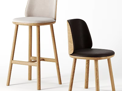 Stylish Modern Bar Stools With Wooden Legs And Light Gray Black Upholstered Seats 3d model