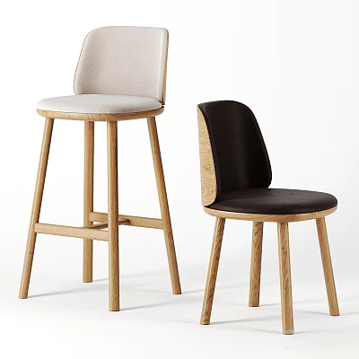 Stylish Modern Bar Stools With Wooden Legs And Light Gray Black Upholstered Seats 3d model