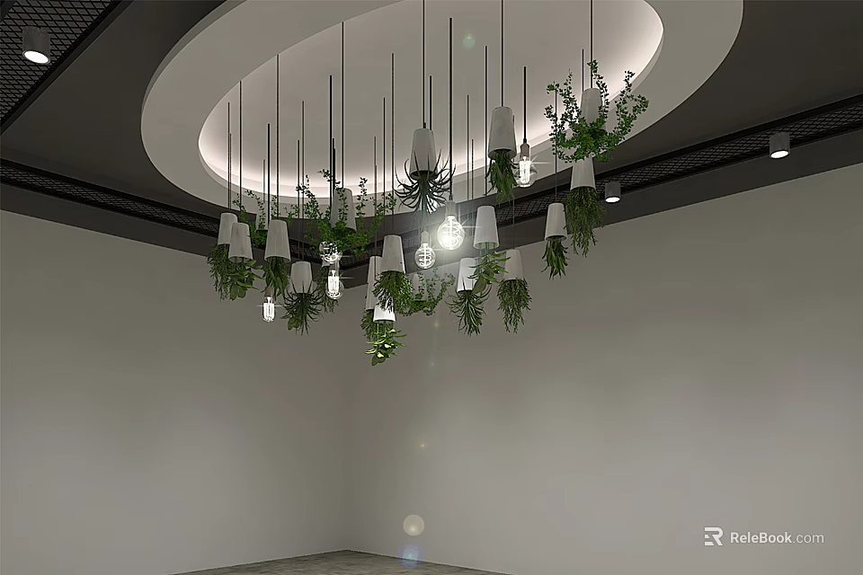 Modern Chandelier With Hanging Green Plants And Light Bulbs In Ceiling Design 3d model 