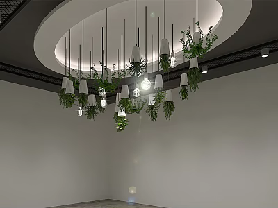 Modern Chandelier With Hanging Green Plants And Light Bulbs In Ceiling Design 3d model