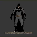 Batman in Gray and Black Suit with Cape Standing on Wooden Platform Holding Green Gadget
