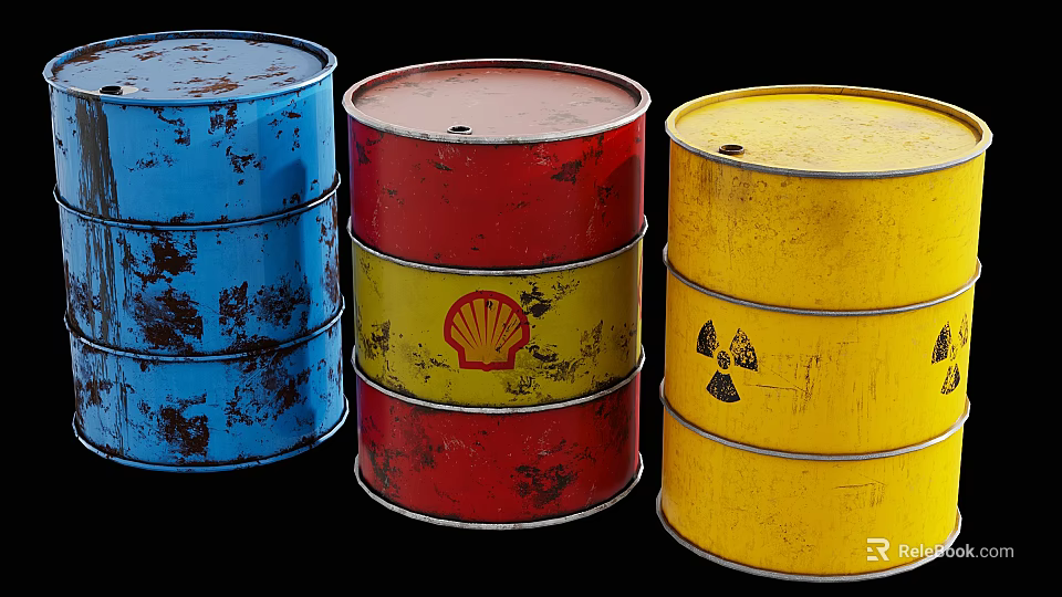 Rusted Industrial Metal Drums In Blue Red And Yellow With Shell And Radiation Symbols 3d model 