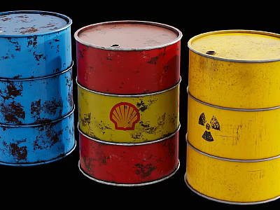 Rusted Industrial Metal Drums In Blue Red And Yellow With Shell And Radiation Symbols 3d model