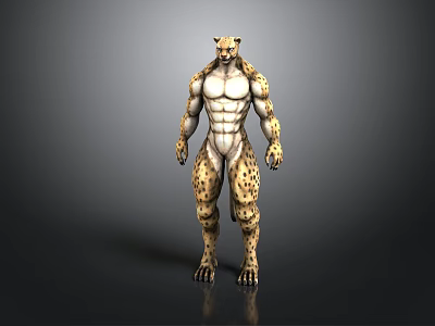 Muscular Anthropomorphic Cheetah Creature Standing In Dark Background With Spotted Fur 3d model