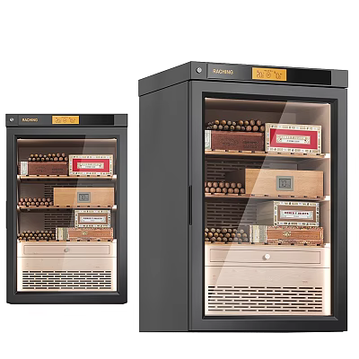 Black Glass Door Cigar Humidor Cabinet with Premium Cigar Boxes and Arranged Cigars 3d model