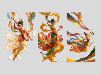 Group of Women Dancing with Flowing Ribbons in Traditional Colorful Costumes Holding Lotus Flowers 3d model