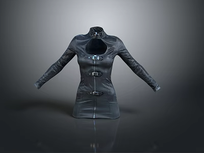Black Modern Faux Leather Coat With Stand Collar Long Sleeves And Buckle Details 3d model