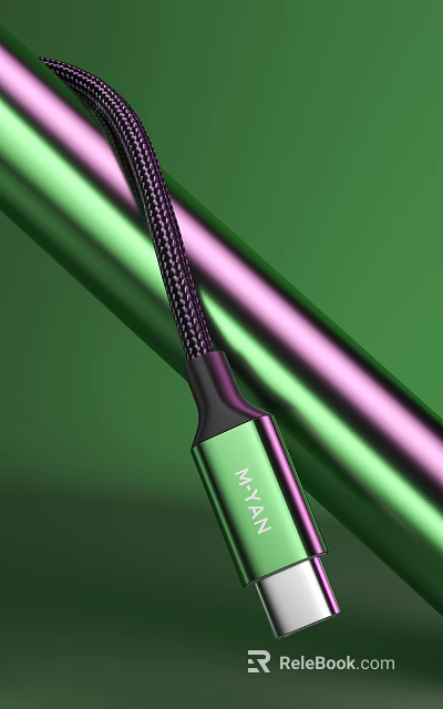 Durable Purple Braided USB Cable With Green MAX Connector And Metallic Background 3d model 