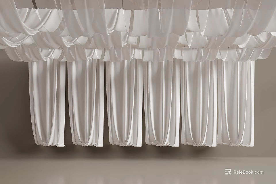 Elegant White Hanging Ceiling Drapery With Soft Pleated Design For Interior Decor 3d model