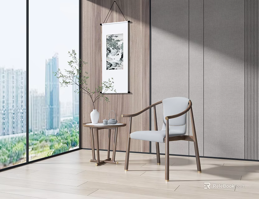 Modern Armchair With Side Table And Green Plant By Large Window With City View 3d model 