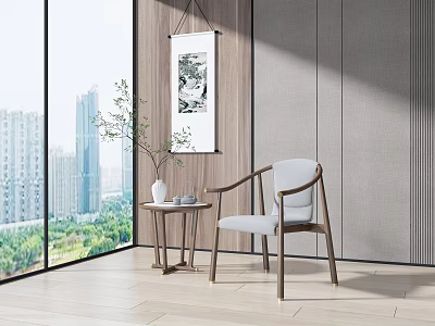 Modern Armchair With Side Table And Green Plant By Large Window With City View 3d model