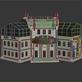 Cartoon Scene Brick And Stone Building With Green Roof Towers Arched Windows Decorative Porch