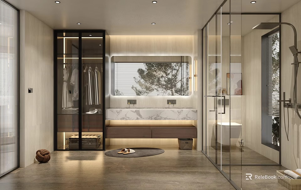 Modern Light Luxury Bathroom With Marble Double Vanity Glass Shower And Built In Wardrobe 3d model 