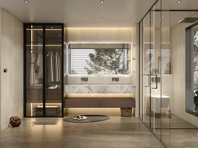 Modern Light Luxury Bathroom With Marble Double Vanity Glass Shower And Built In Wardrobe 3d model
