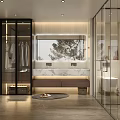 Modern Light Luxury Bathroom With Marble Double Vanity Glass Shower And Built In Wardrobe