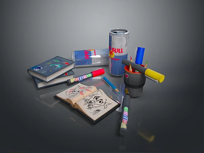 Electronic Stationery Set With Colored Pens Notebook And Red Bull Can 3d model