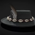 Stylish Black Round Brim Hat with Feather Accent and Shell Decoration Band