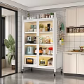 Modern Wheeled Kitchen Side Cabinet With Glass Doors For Storing Various Daily Kitchen Appliances