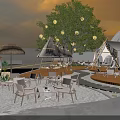 Relaxing Garden Landscape Design With Large Tree Teepee Tent Straw Umbrella And Outdoor Chairs