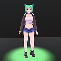 Woman With Green Hair Cat Ears Wearing White Top Blue Denim Shorts Brown Jacket