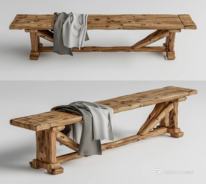 Rustic Wooden Public Bench With Gray Blanket Natural Wood Texture And Crossed Legs 3d model 
